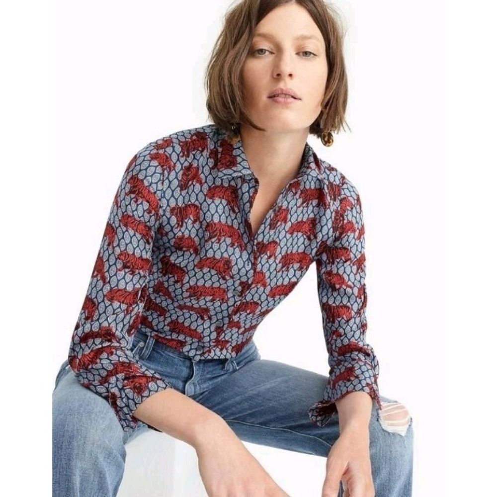 J Crew Collection Womens 100% Silk Roaming Tiger Print Button Down Shirt Size 2